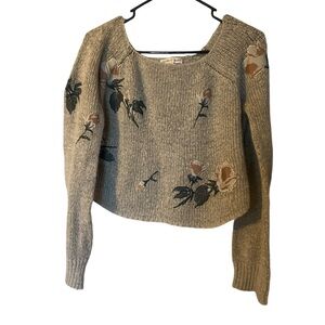 Women Heart Cropped Floral Appliqué Sweater Long Sleeve Top Size Medium